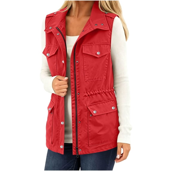BVnarty Women's Sleeveless Utility Vest Lapel Collar Waist Drawstring Multi Pockets for Fall Winter Daily Casual Wear Red L