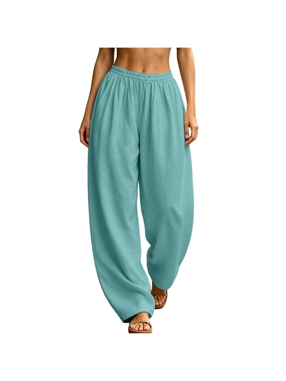 Women's Solid Barrel Leg Pants Elastic Waist Full Length with Classic Fit, Wide Leg Pants Trousers for Travel Day Mint Green M