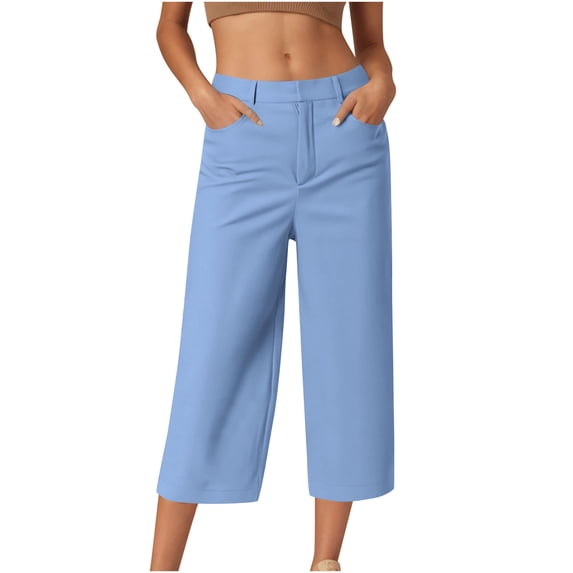 BVnarty Women's Solid Casual Capri Pants, Elastic Waist, Hidden Button Cropped Trousers with Patch Pockets Light Blue XXL