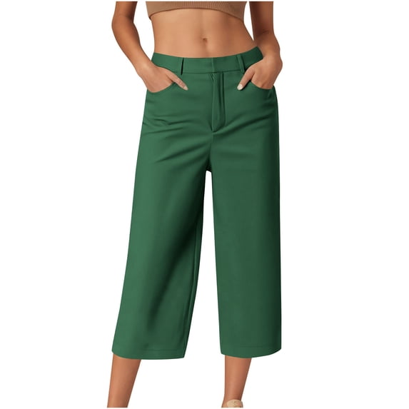 BVnarty Women's Solid Cropped Trousers, Elastic Waist, Concealed Button Design Calf Length Capri Pants Army Green M