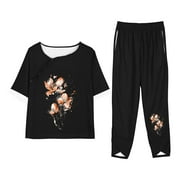 BVnarty Women's Summer Floral Print Pajama Set Short Sleeve Round Neck Two Piece Lounge Sets with Pockets Home Clothes Tracksuit Black XL