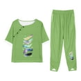 thumbnail image 1 of BVnarty Women's Summer Two Piece Outfits Short Sleeve Crew Neck Feather Print T-Shirt Elastic Waist Drawstring Pants Tracksuit Set Loungewear Pajama Set Green XXXXXL, 1 of 5