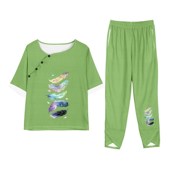 BVnarty Women's Summer Two Piece Outfits Short Sleeve Crew Neck Feather Print T-Shirt Elastic Waist Drawstring Pants Tracksuit Set Loungewear Pajama Set Green XXXXXL