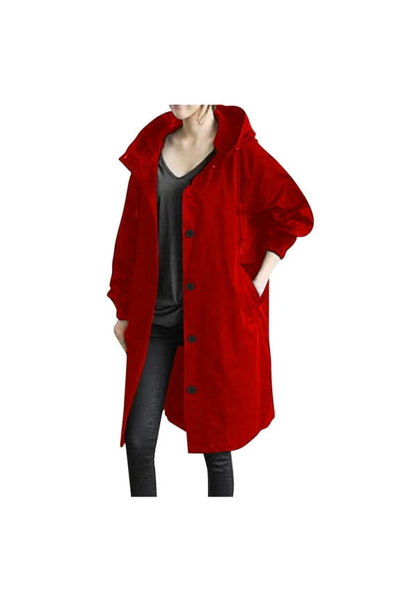 Women's Top Button Down Rain Waterproof Windbreaker Climbing Outdoor Trench Coats Plus Size Long Sleeve Solid Color Shacket Jacket Casual Hooded Neck Lightweight Winter for Mujer Red XXXXXL