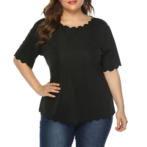 BVnarty Women's Top Lightweight Scallop Neck Solid Color Comfy Trendy Casual Plus Size Irregular Hem Tummy Hiding Pullover Blouse Tunic Top For Leggings Short Sleeve Black XL