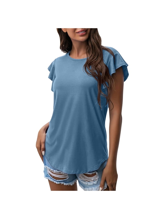 Women's Trendy Basic Cotton Tops Flutter Sleeve Tees Comfy Blouse Clothing Summer Solid Color Tops Round Neck Shirts Vintage Fashion