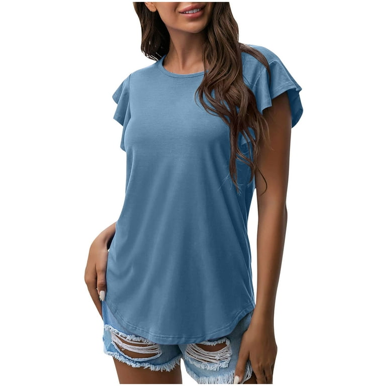 BVnarty Women's Trendy Basic Cotton Tops Flutter Sleeve Tees Comfy Blouse  Clothing 2023 Summer Solid Color Tops Round Neck Shirts Vintage Fashion