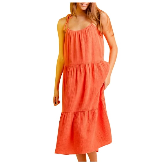 BVnarty Women's Trendy Flowy Mini Sundress Clearance Dresses for Women 2023 Work Summer Dress Beach Knee Length Dress Sleeveless Strappy Casual Plain Dress Solid Color Orange S