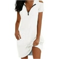 thumbnail image 1 of BVnarty Women's Trendy Flowy Mini Sundress Clearance Summer Dress Beach Dresses for Women 2023 Work Casual Short Sleeve Cold Shoulder Zip up Neck Knee Length Dress Plain Dress Solid Color White M, 1 of 7