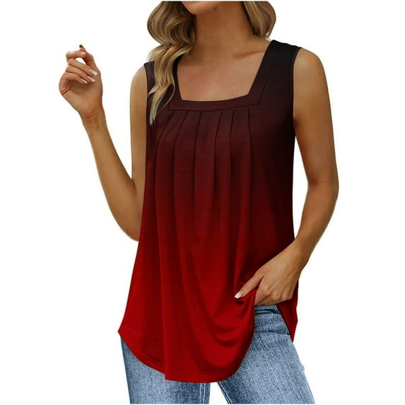 BVnarty Women's Trendy Pleated Loose Tank Tops Sleeveless Tees Casual Blouse Clothing 2023 Summer Gradient Color Tops Square Neck Shirts Vintage Fashion