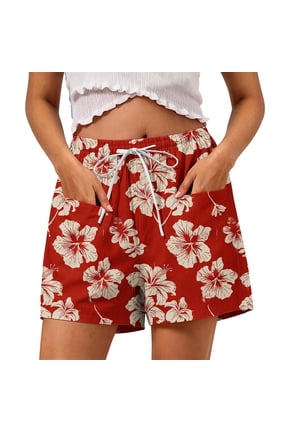 Women’s Tropical Floral Print Drawstring Shorts For Beach Days And Island Travel Getaways Red XXL