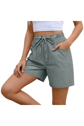 Women’s Vertical Striped Drawstring Knee Shorts With A-Line Cut And Deep Side Pockets For Coastal Walks And Weekend Getaway Trips Green S