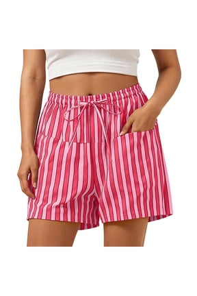 Women’s Vertical Striped Pull-On Casual Shorts WithDrawstring Waist And Side Pockets For Coastal Walks And Getaway Days Pink XL