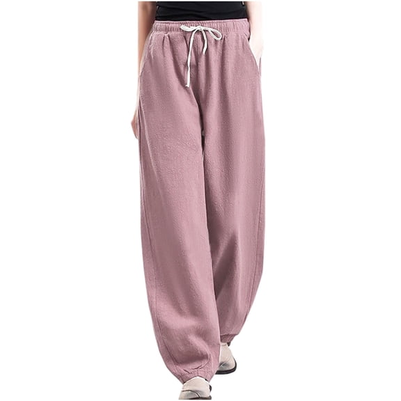 BVnarty Womens Plus Size Cotton Linen Casual Pants Regular Pants Elastic Waist Drawstring Solid Color with Pockets Pink XXL