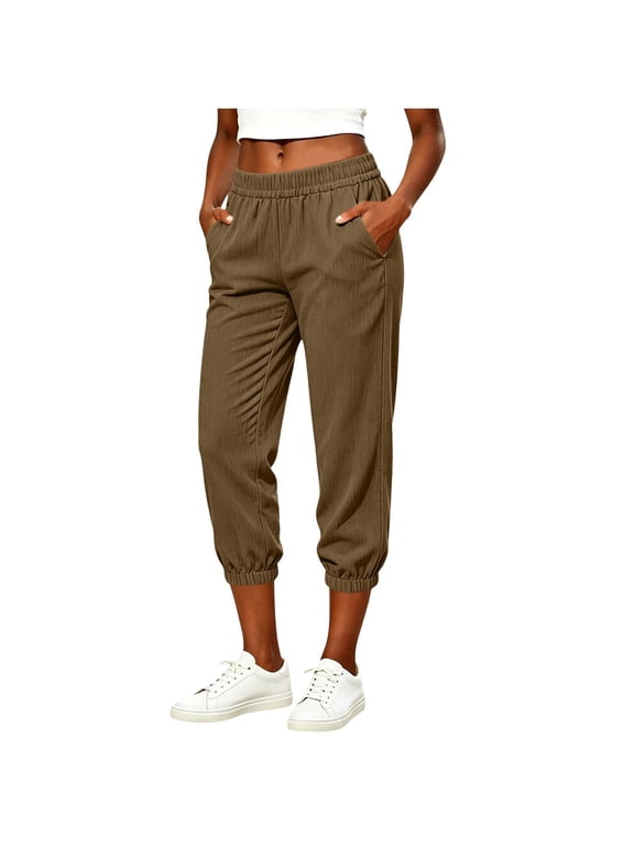women capri jogger capri pants high waist ribbed drawstring cuff side pocket solid print relaxed cropped pant gym casual bottoms Brown L
