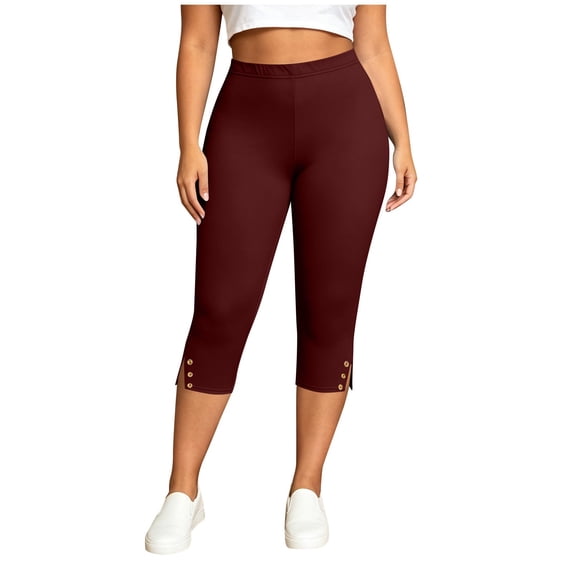 BVnarty women capri slim fit leggings high rise stretch waist side button split hem solid print tight cropped pant caf茅 daily wear Wine L