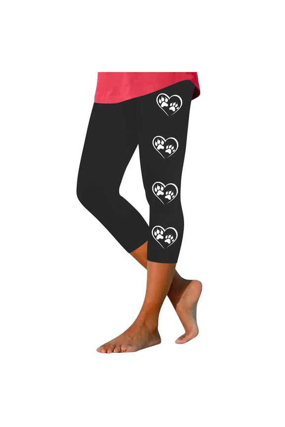 women capri slim yoga capri leggings high rise wide waistband vertical heart paw print skinny cropped pet park wear Black XL