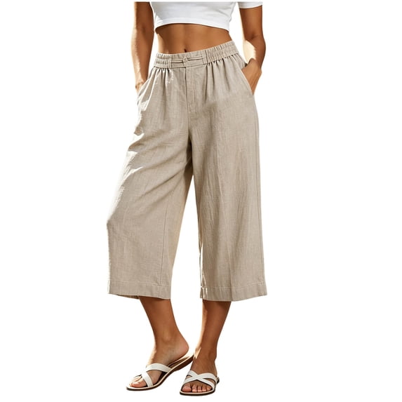 BVnarty women capri straight wide leg resort capri pants high waist full elastic waist side slip pocket solid print flowy cropped pant beach market wear Khaki XXL