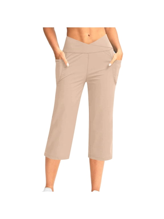 women capri straight workout capri pants high rise v crossover waist side pocket tailored cropped pant trail athletic bottoms Khaki M