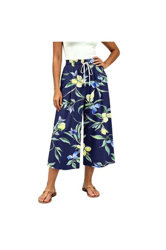 women capri wide leg resort capri pants high waist drawstring elastic waist side pocket tropical orchid leaf print flowy cropped pant beach market wear Black S