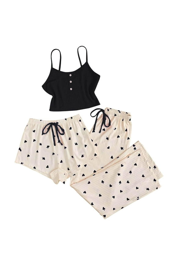 3 Piece Women's Pajama Sets Heart Love Print Bowknot Nightwear Casual Cami Shorts Sleeveless Sleepwear Knitted Soft Black L Loungewear Set Cute