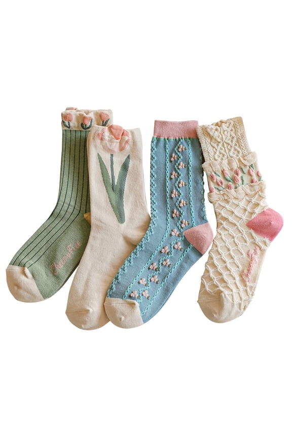 4 Pairs Socks for Women Casual Cute Floral Embroidery Knit Crew Socks Ruffles Mid Tube Cozy Soft for Outdoor Picnic Garden Party Spring Pink