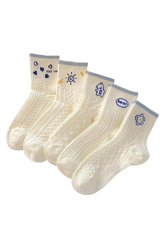 5 Pairs Socks for Women Casual Cute Floral Embroidery Knit Crew Socks Ruffles Mid Tube Cozy Soft for Outdoor Picnic Garden Party Spring Blue