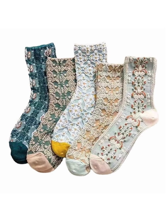 5 Pairs Socks for Women Casual Cute Floral Embroidery Knit Crew Socks Ruffles Mid Tube Cozy Soft for Outdoor Picnic Garden Party Spring Blue