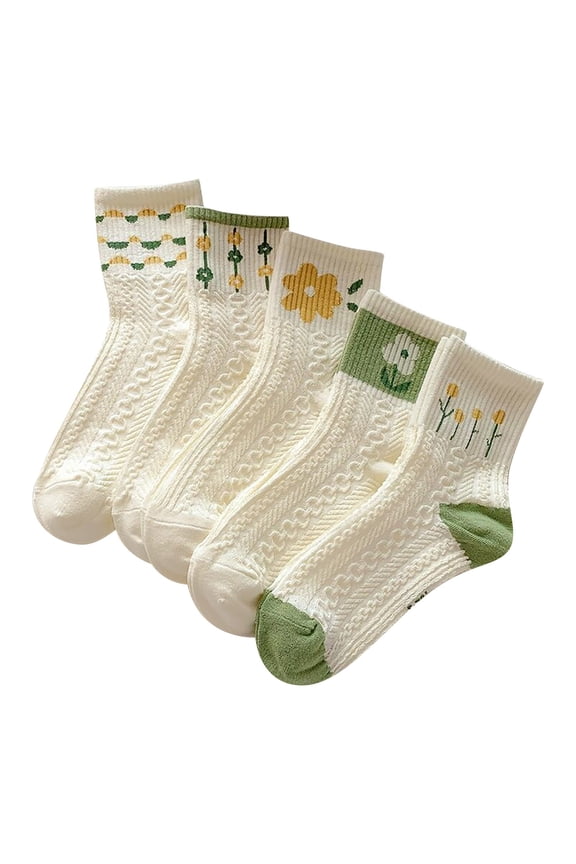 5 Pairs Socks for Women Casual Cute Floral Embroidery Knit Crew Socks Ruffles Mid Tube Cozy Soft for Outdoor Picnic Garden Party Spring Green