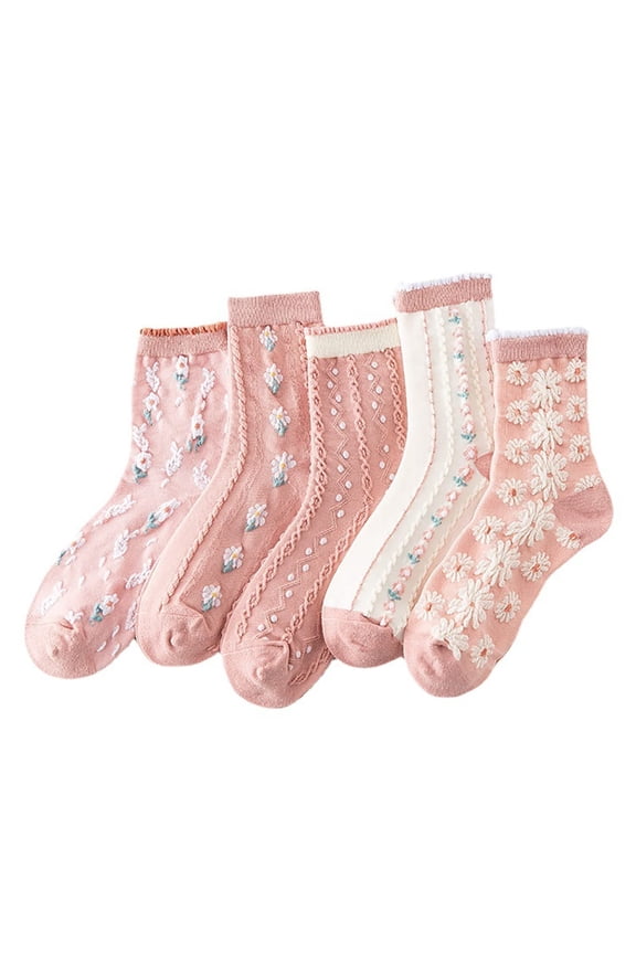 5 Pairs Socks for Women Floral Comfort Casual Frilly Crew Socking Ruffles Fancy Cotton Knit Soft Ankle Sock Cute Daily Gifts for Black