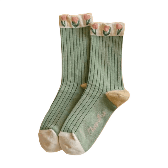 BWASD Ankle Socks for Girl Womens Cute Floral Embroidered Stacked Crew Socks Soft Casual Calf Fancy Cotton with Literary And Artistic Style Green