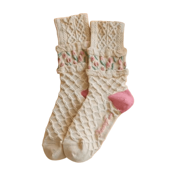 BWASD Ankle Socks for Girl Womens Cute Floral Embroidered Stacked Crew Socks Soft Casual Calf Fancy Cotton with Literary And Artistic Style Pink