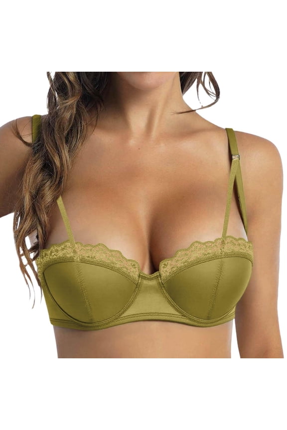 Bras for Women Lace Floral Satin Tapered Push Up Half Cup Support Bralette Comfortable No Underwire Everyday Padded Bra Fashion Green 32
