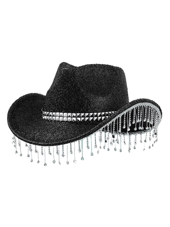 Cowboy Hat for Momen Men Wide Brim Cowgirl Cap with Shiny Diamond Fringe with Western Casual Fashion for Outdoor Activities All Seasons Black