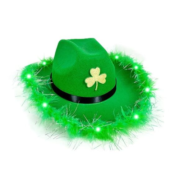 BWASD Cowboy Hat for Women Men Sequin Bling Wide Brim Cap Shamrock Green Hats Containing Lights St. Patrick's Day Costume Irish Party Accessory