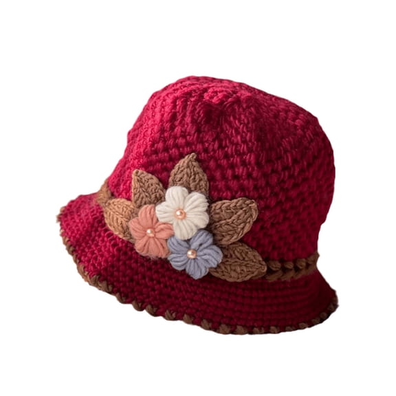 BWASD Crochet Hats for Women Flowers Knitted Beanie Windproof Thicken Warm Beret Winter Fall Fashion 1920s 50s Red