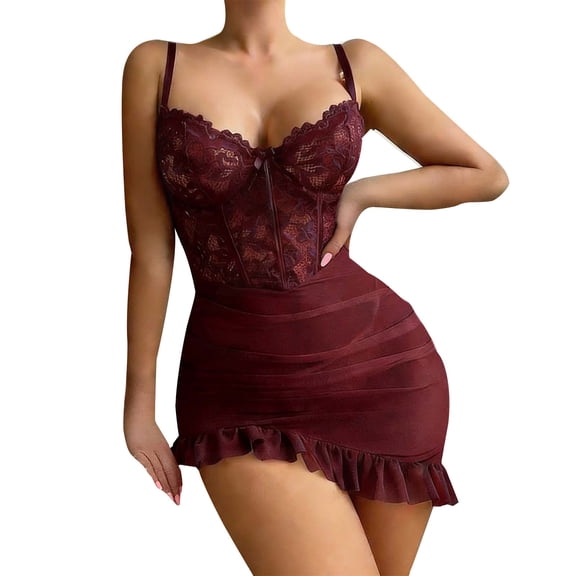 BWASD Cute Nightgowns for Women See Through Lace Chemise Babydoll Sweet Teddy Bodysuit Mesh V Neck Sleepwear for Wedding Bride Anniversary Gift(Wine, XXXL Size)