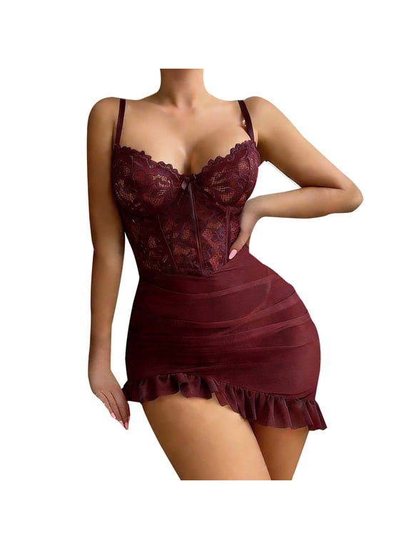 Cute Nightgowns for Women See Through Lace Chemise Babydoll Sweet Teddy Bodysuit Mesh V Neck Sleepwear for Wedding Bride Anniversary Gift(Wine, XXXL Size)