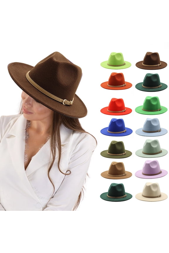 Felt Wide Brim Hat for Women Men Classic Retro Panama Sun Hat UV Protection Belt Buckle Fedora Hat Vacation Travel Summer Blue