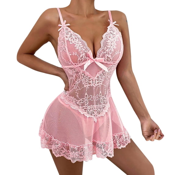 BWASD Lace Pajamas Deep V Halter Harness Bodysuit Skirt Cute Tights Soft Sleepwear Dress Pajamas with Bowknot Ties Pink S Nightgown