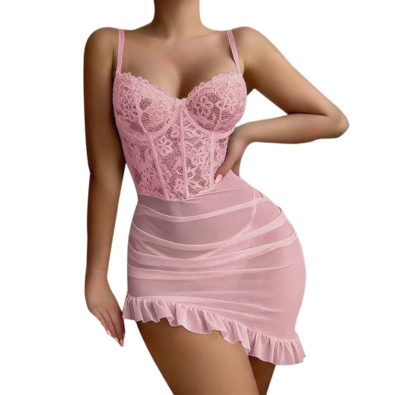 BWASD Lace Pajamas Ruffle Sheer Mesh Harness Bodysuit Skirt Cute Babydoll Sleepwear Dress Babydoll Pajamas Valentine's Day Goft Pink XL