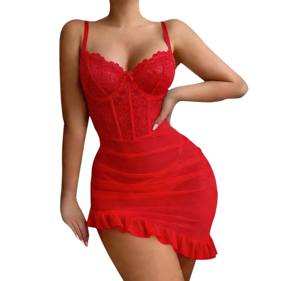 BWASD Lace Pajamas Ruffle Sheer Mesh Harness Bodysuit Skirt Cute Babydoll Sleepwear Dress Babydoll Pajamas Valentine's Day Goft Red XXL