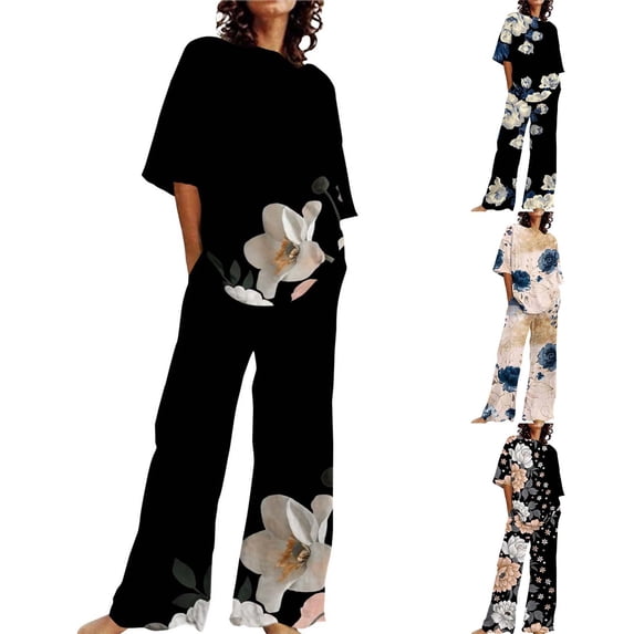 BWASD Pajamas for Women 2PC Floral Print Shorts Sleeve Top and Pant Oversized Breathable Soft Sleepwear Pjs Outfits Summer Leisure Plus Size Loungewear (Navy S)