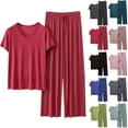 thumbnail image 1 of BWASD Pajamas for Women Set 2 Piece Casual Modal Round Neck Short Sleeve and Pants Pajamas Set Solid Color Large Size Sleepwear Pjs Set Loungewear (Pink L), 1 of 6