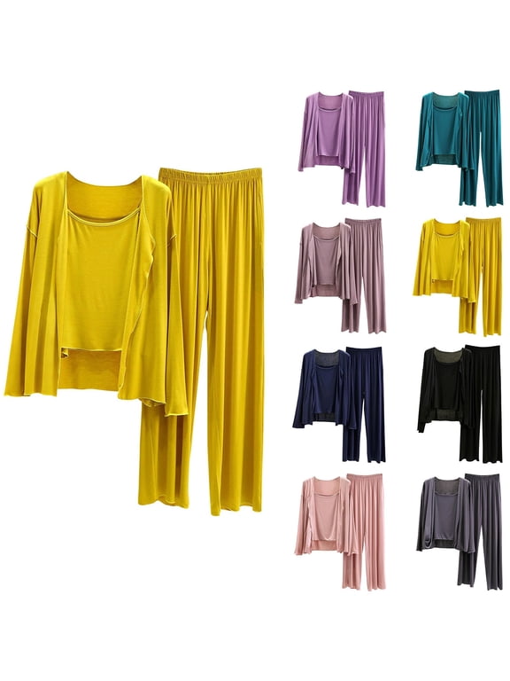 Pajamas for Women Set 3 Piece Casual Loose Fit Breathable Soft Modal Sleep Wear Long Sleeve Cardigan Sleeveless Cami and Long Home Clothes Summer (Light Violet L)
