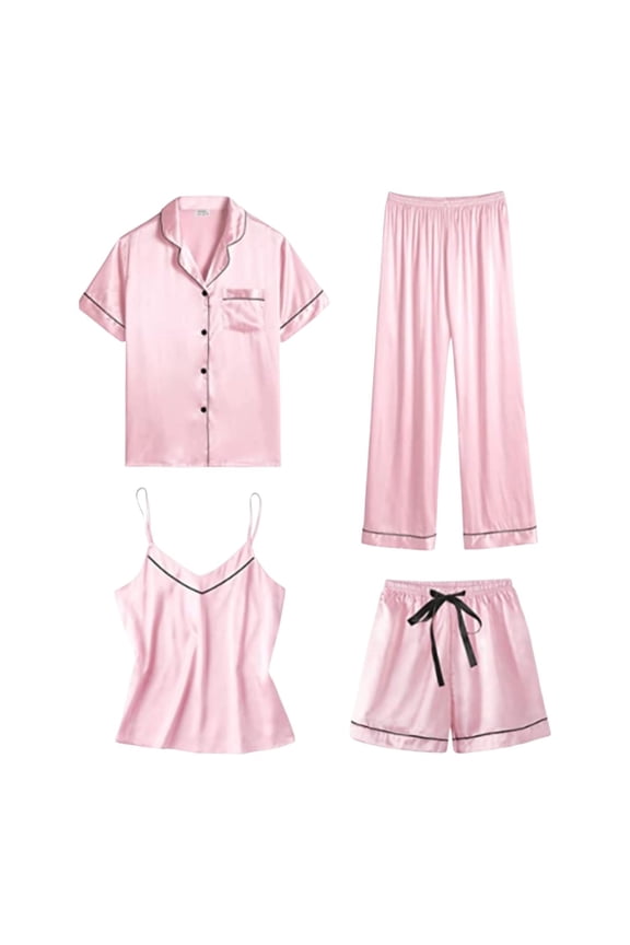 Pajamas for Women Set Silk Satin 4 Piece Short Sleeve Button Down Sleepwear Loungewear Soft Solid Color Casual Shirt Cami and Pant Pink XL Nightwear Set