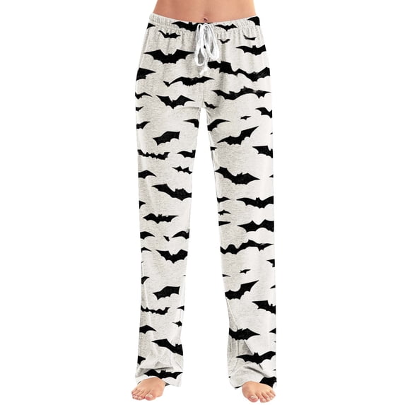 BWASD Pants for Women Halloween Bat Print Wide Leg Pants with Pockets Comfy Baggy Holiday Party Loungewear Casual Loose Soft Pajama Bottoms Home Daily Wear | L Size