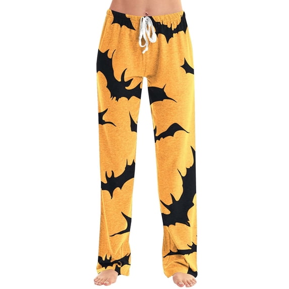 BWASD Pants for Women Halloween Bat Print Wide Leg Pants with Pockets Comfy Baggy Holiday Party Loungewear Casual Loose Soft Pajama Bottoms Home Daily Wear | M Size
