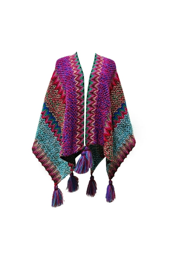 Shawl Wraps for Women Open Front Knitted Poncho Cape Scarf Fashion Tassel Fringed Loose Sweaters Casual Splicing Sweaters for Fall Winter Purple