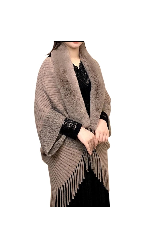 Shawl Wraps for Women Open Front Knitted Poncho Cape Scarf Plush Collar Tassel Fringed Loose Sweaters Casual Splicing Sweaters for Fall Winter Brown